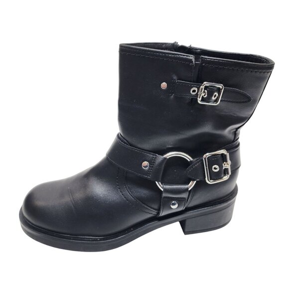 Black Leather Moto Ankle Boots With Decorative Buckles & Side Zip Size 10 - Picture 1 of 10